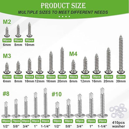 mxuteuk 1505PCS Self Tapping Screws Assortment Kits,#8#10 410 Stainless Steel Truss Head Self Drilling Screws and M2 M3 M4 Carbon Steel Phillips Pan Head Self Tapping Screws for Plastic,Wood