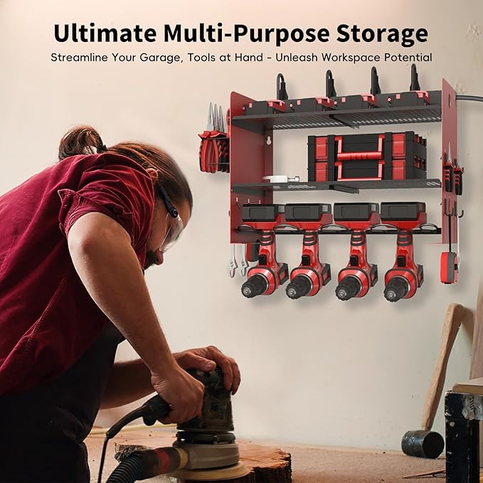 NWH Power Tool Organizer Wall Mount with Charging Station，3 Layer Storage Rack for Organization 4 Drill Storage Shelf with Hooks, Drill Bit Heavy Duty Rack, with 8 Outlet Power for Garage and Workshop