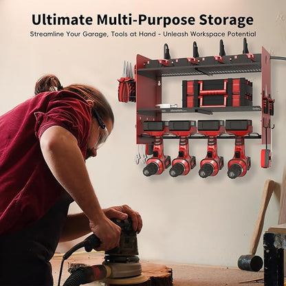 NWH Power Tool Organizer Wall Mount with Charging Station，3 Layer Storage Rack for Organization 4 Drill Storage Shelf with Hooks, Drill Bit Heavy Duty Rack, with 8 Outlet Power for Garage and Workshop