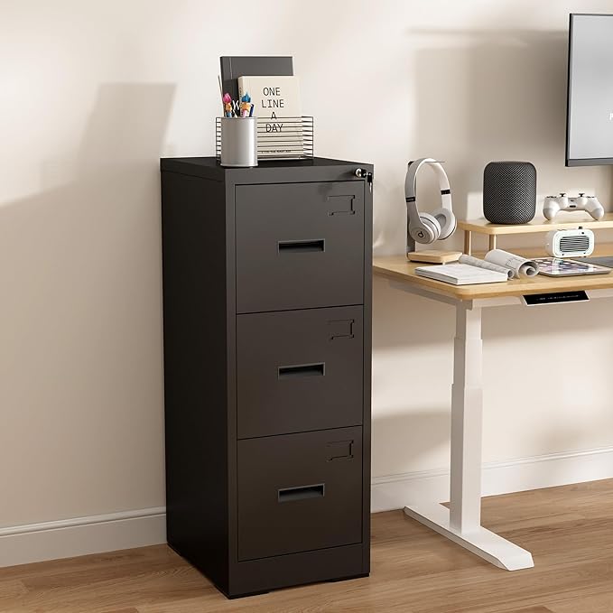 3 Drawer File Cabinet with Lock, Vertical Filing Cabinets for Home Office, Heavy Duty File Cabinet, Metal Storage Cabinets for Letter/Legal/A4/F4 Size Assembly Required, Black