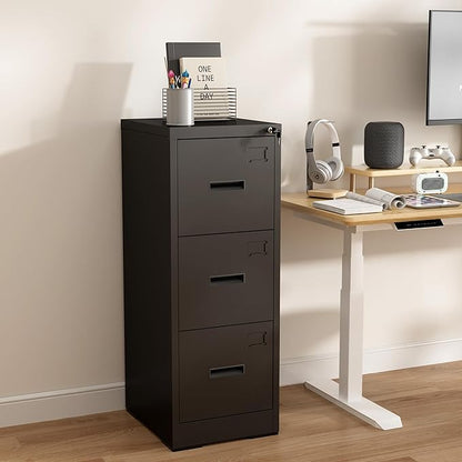 3 Drawer File Cabinet with Lock, Vertical Filing Cabinets for Home Office, Heavy Duty File Cabinet, Metal Storage Cabinets for Letter/Legal/A4/F4 Size Assembly Required, Black