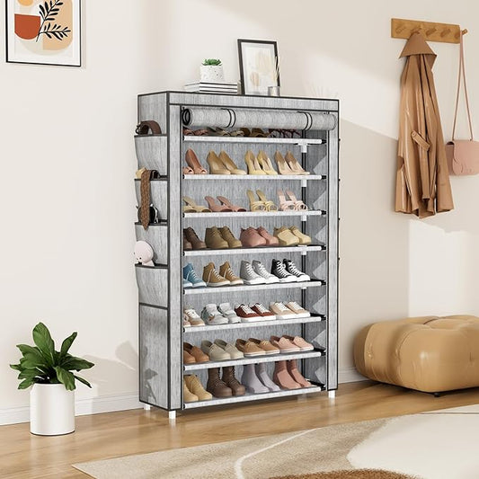 Shoe Rack with Cover, 8 Tier Tall Shoe Organizer Storage for 36-45 Pair Shoes and Boots Large Shoe Storage Shelf Free Standing Shoe Rack for Closet, Front Door Entrance, Dorm, Garage, Printing