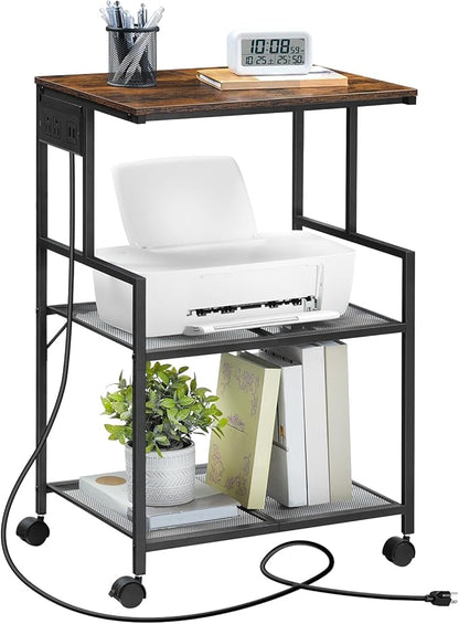 Mobile Printer Stand, 3-Tier Industrial Printer Cart with Power Outlets and 2 USB Ports, Rolling Printer Table on Wheels for Home Offices Kitchen Organization Rack, Rustic Brown PTHR78E01