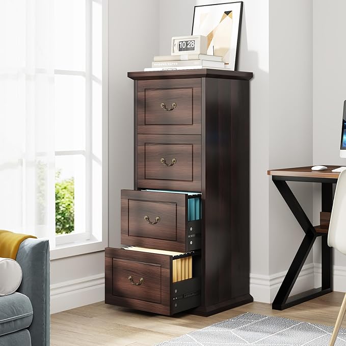 Tribesigns 4-Drawer File Filing Cabinet Set of 2, Vertical File Cabinet Hofice Wood Filing Cabinet for A4 /Letter Size Narrow Tall File Storage for Honhe Office, Walnut