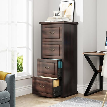 Tribesigns 4-Drawer File Filing Cabinet, Vertical File Cabinet Office Wood Filing Cabinet for A4 /Letter Size Narrow Tall File Storage for Honhe Office, Walnut