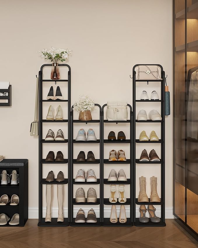 Vertical Shoe Rack, Shoe Shelves, Wood Shoe Organizer for Closet, Entryway, Shoe Tower for Small Spaces, Free Standing, Adjustable, with 2 Hooks, 6 Tier Black SR04204B