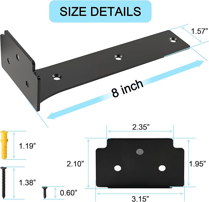 Floating Shelf Brackets,6 Pack Heavy Duty L Brackets for Shelves, 8 Inch Black Stainless Steel Countertop Support Brackets,Wall Mounting for Wood
