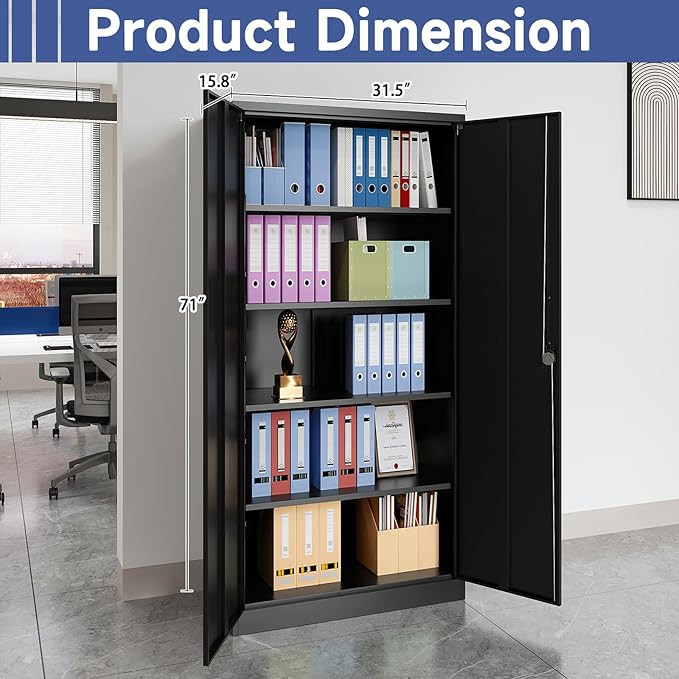 Metal Storage Cabinet with 2 Doors and 4 Adjustable Shelves, 71'' Steel Garage Cabinet, Locking Tool Cabinets for Office, Home,School,Kitchen,Garage Utility Black
