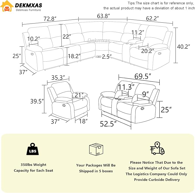 5 Pieces Living Room Furniture Sets, Reclining Sectional Sofa Loveseat and Chair, Black Leather Sectional Manual Recliner Sofa Set with Drop-Down Table, Cup Holders, Storage Console