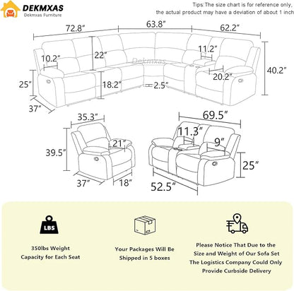 Dark Grey Corduroy Reclining Sectional Sofa Set and Recliner Loveseat Chair with Cup Holders, Living Room Sofa Set with Drop-Down Table, Storage Console for Living Room, Bedroom, Apartment