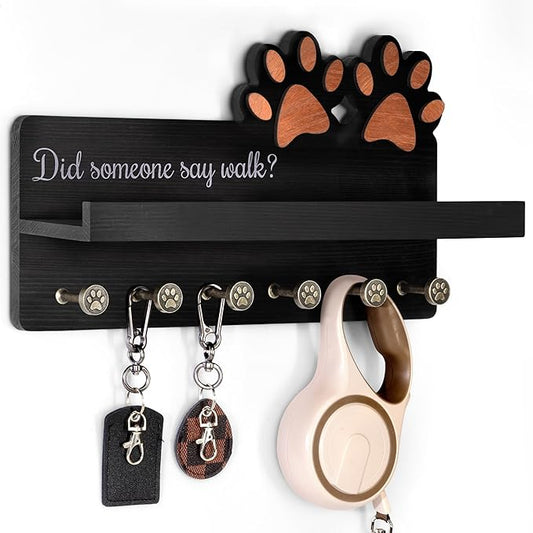 MTERSN Decorative Dog Leash Holder for Wall - Dog Accessories Organizer with Floating Shelf & 6 Hooks for Home Decor - The Cute Key Holder Wall Mount for Dogs Lover Gifts (Black)