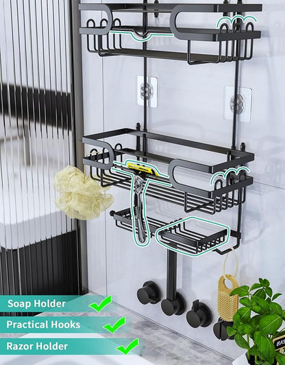 HapiRm Bathroom Hanging Shower Caddy - Rustproof & Waterproof Shower Shelf with 12 Hooks and 2 Soap Holders, No Drilling Bathroom Organizers and Storage - Black