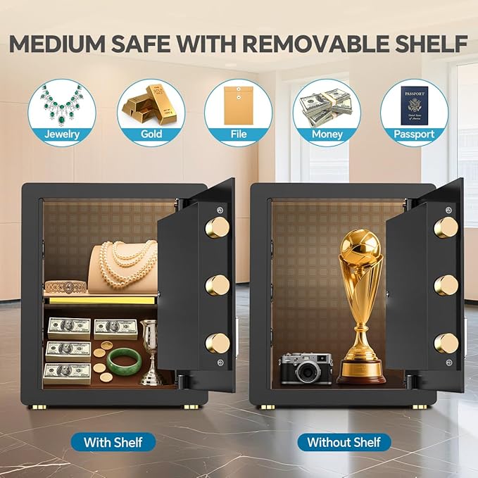 Anti-Theft Digital Safe Box with Fireproof Waterproof Bag, LED Light & Alarm System - Security Safe with Adjustable Shelf for Jewelry, Cash - for Home, Office, Hotel(0.8/1.0/1.3/1.53/2.5Cuft)