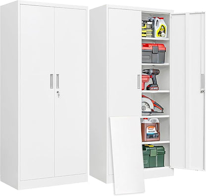 BESFUR Metal Garage Storage Cabinet with Locking Doors and 5 Adjustable Shelves, White Tall Storage Cabinets, Tool File Lockable Cabinet for Garage Office Warehouse Shop(71”H)