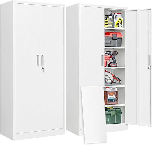 BESFUR Metal Garage Storage Cabinet with Locking Doors and 5 Adjustable Shelves, White Tall Storage Cabinets, Tool File Lockable Cabinet for Garage Office Warehouse Shop(71”H)