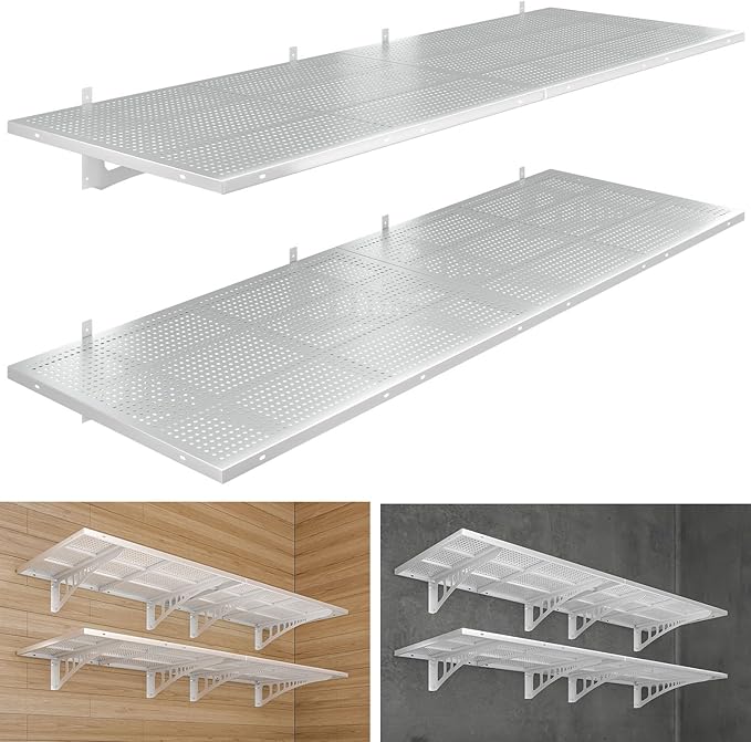 4-Pack 2x3ft Heavy Duty Garag e Wall Shelving, 1000 lbs Load Capacity, Garage Shelving Wall Mounted, Garage Storage Rack with Hooks, White