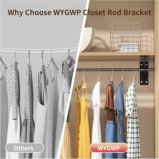 Closet Rod Support Bracket WYGWP 14 inch Heavy Duty Shelf Brackets with Rod Holders Support 400lbs Wall Mounted Sturdy 2 Pack