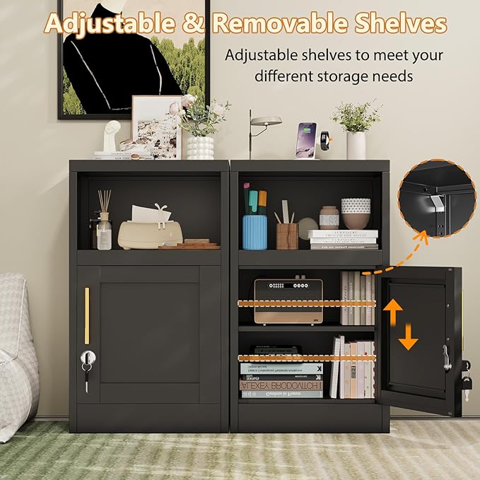 Tokawa Metal Black Locking Nightstand, 27.56" Locker with Magnetic Door and Adjustable Shelve, Small Locker Nightstand, Side Table Storage Cabinets for Bedroom, Living Room, Office