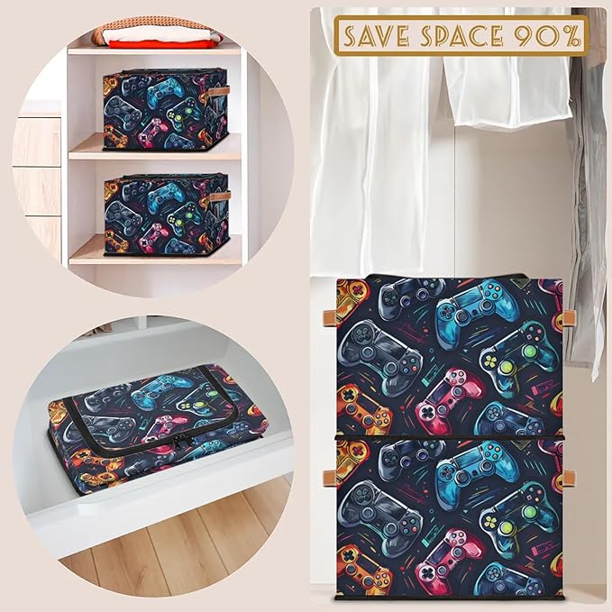Video Game Storage Bins with Zipper Lid, Collapsible Fabric Storage Basket with Leather Handles Closet Shelf Cloth Organizer Basket for Nursery Bedroom Clothes Toy