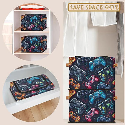 Video Game Storage Bins with Zipper Lid, Collapsible Fabric Storage Basket with Leather Handles Closet Shelf Cloth Organizer Basket for Nursery Bedroom Clothes Toy