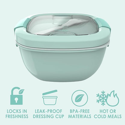 Bentgo Salad Container - 54 oz Bowl with 4-Compartment Toppings Tray, Leak-Proof Dressing Container, Reusable Fork, BPA-Free Lunch Box for Meal Prep & Food Storage; Removable Bento Tray (Coastal Aqua)