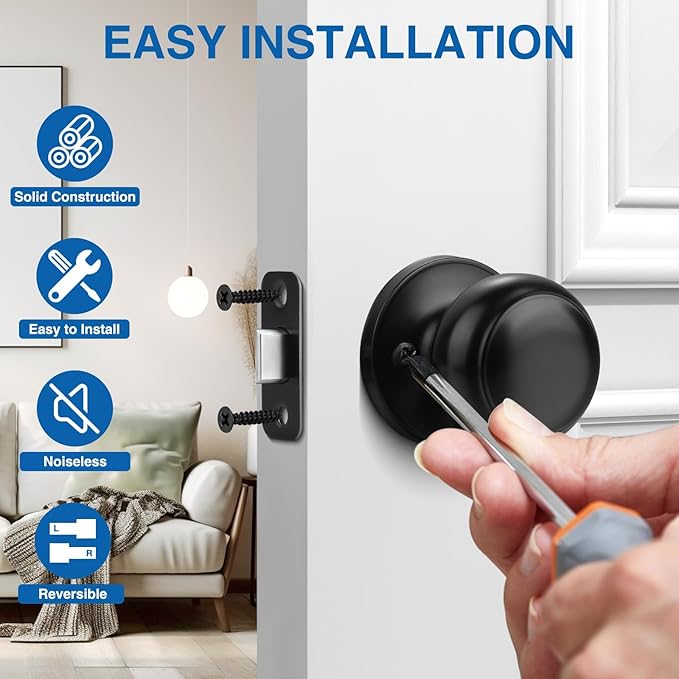 Sopoby Black Door Knob, 6 Pack Round Keyless Doorknobs Interior/Exterior Lockset, Passage Locking Door Knobs for Bedroom/Bathroom, Black Modern Design Door Hardware