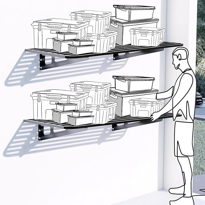 Garage Wall Shelving 2-Pack 2x4ft Garage Shelving（24-inch-by-48-inch） Wall Shelf Garage Storage Rack Floating Shelves, Space-Saving Black