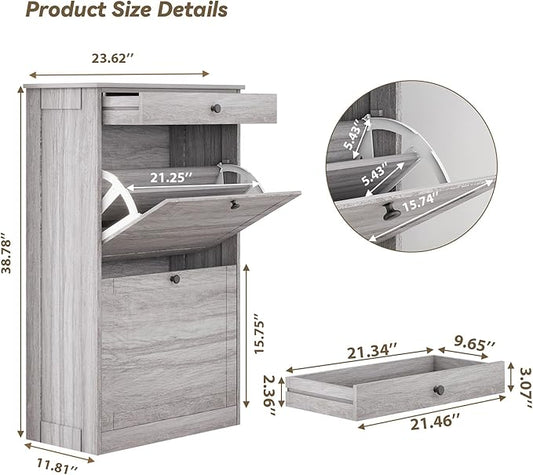 Shoe Storage Cabinet with 2 Flip Drawers, Narrow Freestanding Hidden Shoe Rack Cabinet, Pet-Proof Shoe Organizer for Closet, Entryway, Hallway, Wash Grey