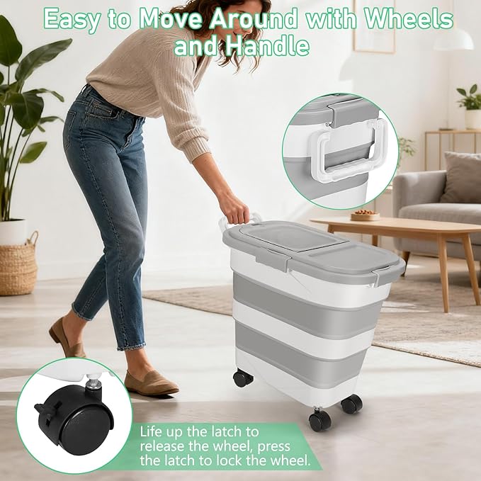 ShineMe Dog Food Storage Container, 30 Lbs Collapsible Food Storage Containers with Rolling Wheel Airtight Locking Lid, Cat Foods Bin with Cup and Scoop, Suitable for Pet Snack, Rice, Flour (Grey)