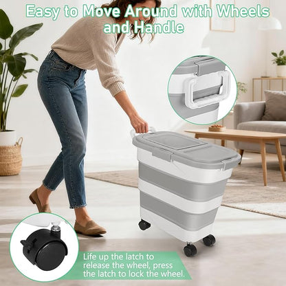 ShineMe Dog Food Storage Container, 30 Lbs Collapsible Food Storage Containers with Rolling Wheel Airtight Locking Lid, Cat Foods Bin with Cup and Scoop, Suitable for Pet Snack, Rice, Flour (Grey)