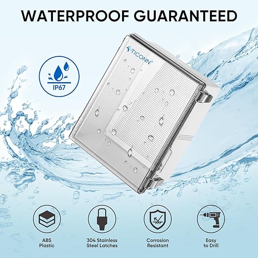 TICONN Outdoor Electrical Box Waterproof, Junction Box IP67 ABS Plastic Enclosure with Hinged Cover with Mounting Plate, Wall Brackets, Cable Glands (Clear, 17.7"x13.8"x7.9")