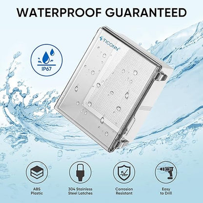 TICONN Outdoor Electrical Box Waterproof, Junction Box IP67 ABS Plastic Enclosure with Hinged Cover with Mounting Plate, Wall Brackets, Cable Glands (Clear, 17.7"x13.8"x7.9")