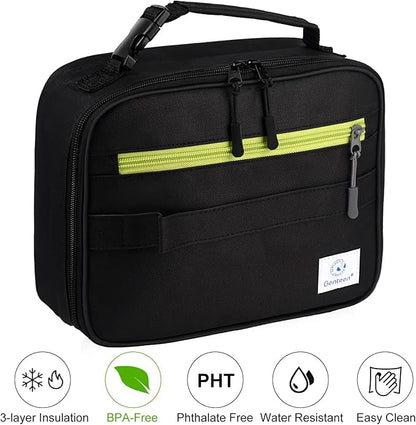 Genteen Lunch Box Kids, Insulated Lunch Bag Kids Boys Girls Back to School, Soft Lunch Box for Men Reusable Lunchbox for Office,Outdoor,School (Black)