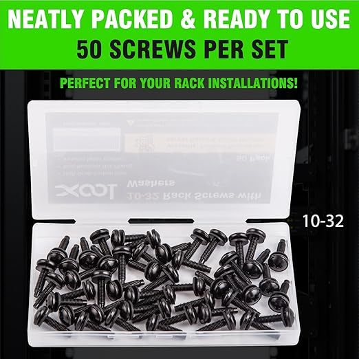 XOOL 50-Pack 10-32 Rack Screws with Washers – Durable, Rust-Resistant for Server Racks and Audio Equipment Mounts