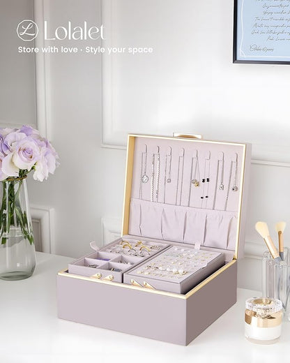 Lolalet Jewelry Box Organizer for Women Girls, 2 Layer Jewelry Organizers and Storage for Necklace Earrings Rings Bracelets, Large Jewellery Holder Case Birthday Valentine Gifts -HazePurple