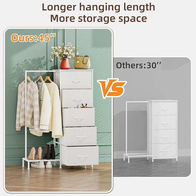 Somdot Dresser with Hanging Rack, 5 Drawers Small Closet for Bedroom, Reversible Dresser with Clothes Rack, Kids Dressers for Bedroom Chest of Drawers, Tall Storage Tower, White Leather