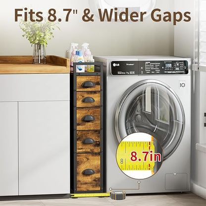 LASZOLA 5 Drawer Narrow Dresser Slim Cabinet Skinny Storage Tower Chest, Ideal for Small Spaces Bathroom Bedroom, Between Washer and Dryer, Lightweight Mobile on Wheels, Sturdy Fabric Drawers, Brown