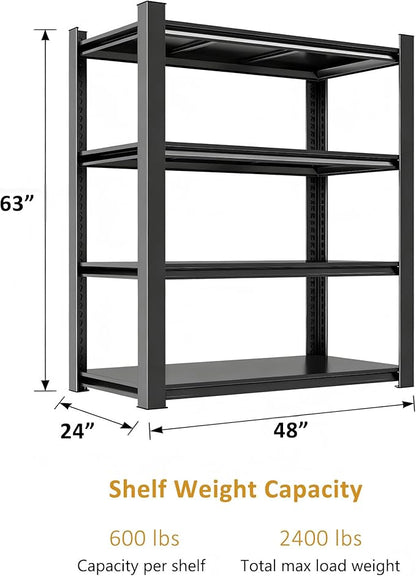 48" W x 24" D Garage Shelving Heavy Duty Unit, 4-Tier Adjustable Metal Storage Shelves, 2400 lbs Industrial Shelf Stand Organizer for Garage, Basement, Warehouse, Pantry, Kitchen, Black, 63" H