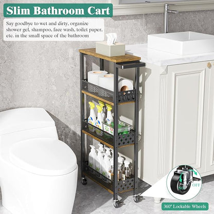 Giwil 4-Tier Slim Rolling Storage Cart for Kitchen Bathroom Organizer, Mobile Narrow Storage Cabinet Utility Cart with Wood Rack on Wheels for Pantry Laundry Small Space