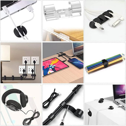 Cord Management Organizer Kit 4 Cable Sleeve split with 41Self Adhesive Cable Clips Holder, 10pcs and 2 Roll Self Adhesive tie and 100 Fastening Cable Ties for TV Office Car Desk Home