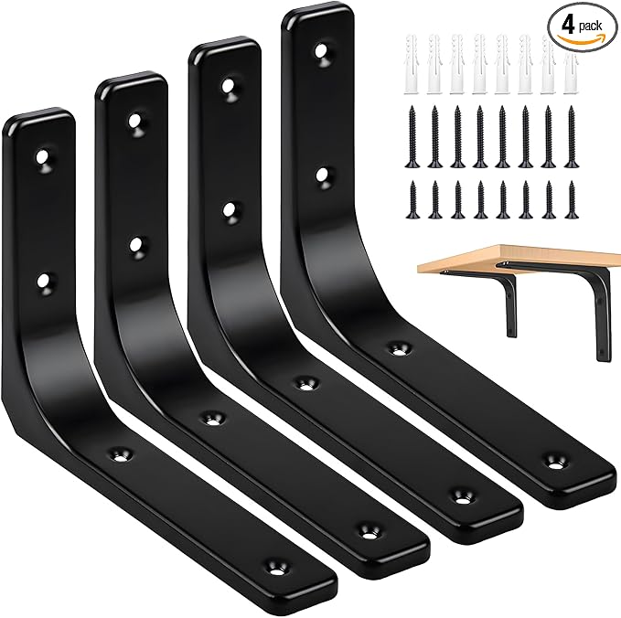 4 PCS Iron Wall Shelf Bracket, 6 x 5 Inch Heavy Duty Shelf Support Bracket Decorative Joint Angle Bracket, Matte Black