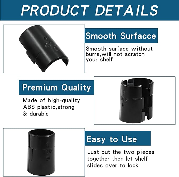64Pcs (32 Pairs) Wire Shelf Clips, 1"(25.4mm) Post Wire Shelving Shelf Lock Clips, Plastic Black Shelving Sleeves Replacements for Wire Shelving System