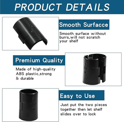 64Pcs (32 Pairs) Wire Shelf Clips, 1"(25.4mm) Post Wire Shelving Shelf Lock Clips, Plastic Black Shelving Sleeves Replacements for Wire Shelving System