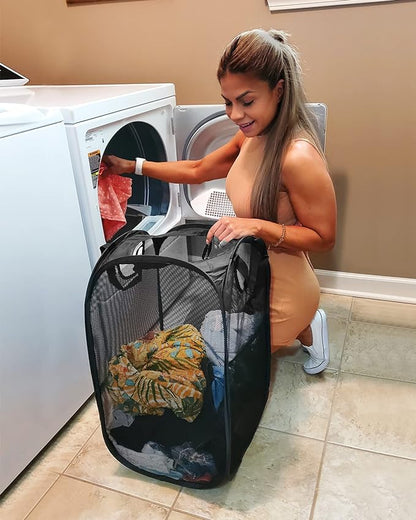 2 Pcs Strong Mesh Pop-up Laundry Hamper, Quality Pop Up Hampers for Laundry with Durable Handles Solid Bottom High Carbon Steel Frame, Easy to Open and Fold Flat for Storage(Black)
