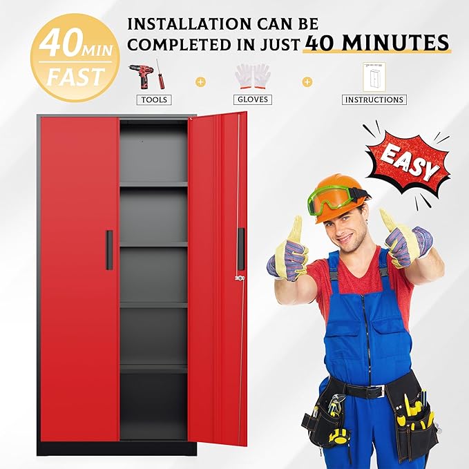 SUNCROWN 72" Metal Storage Cabinet - Heavy-Duty Metal Garage Cabinet with 4 Adjustable Shelves & 2 Doors for Tools, Office, Home, Workshop,Black & Red-Small
