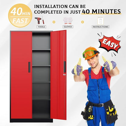 SUNCROWN 72" Metal Storage Cabinet - Heavy-Duty Metal Garage Cabinet with 4 Adjustable Shelves & 2 Doors for Tools, Office, Home, Workshop,Black & Red-Small