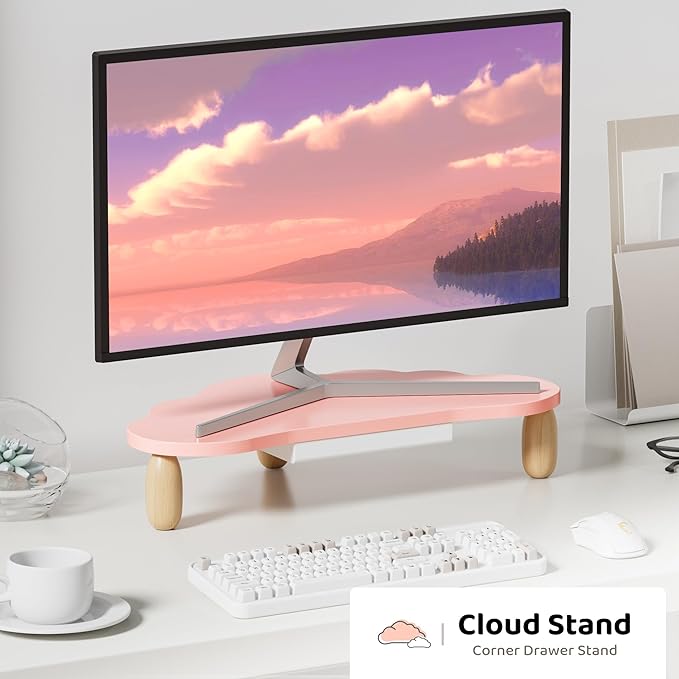 Monitor Stand Riser,Cloud-Shaped Sturdy Wood 16.5In Computer Monitor Riser Wirh Drawer, Multi-Purpose Desktop Organizer Riser for Computer,Laptop,Printer,TV,Pink