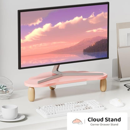 Monitor Stand Riser,Cloud-Shaped Sturdy Wood 16.5In Computer Monitor Riser Wirh Drawer, Multi-Purpose Desktop Organizer Riser for Computer,Laptop,Printer,TV,Pink