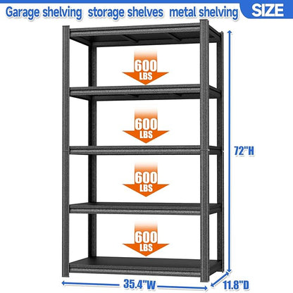72"H Garage Shelving Storage Shelves 3000LBS Adjustable Metal Shelf 5 Tier Shelves for Garage Storage Shelving Unit Metal Storage Rack for Basement, Warehouse, Pantry, Kitchen 35.4"W × 11.8"D × 72"H
