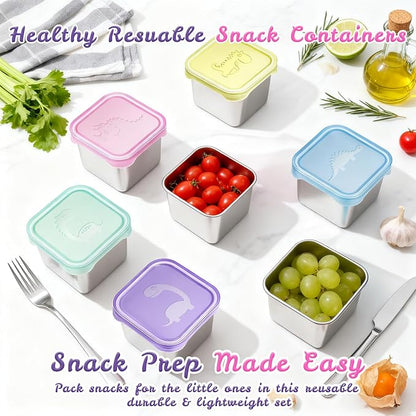 6-Pack Small (6 oz) Stainless Steel Snack Containers for Kids, Easy-Open Toddler Snack Containers with Lids - Cute Dinosaur Small Stackable Metal Lunch Box for Daycare, School, Travel